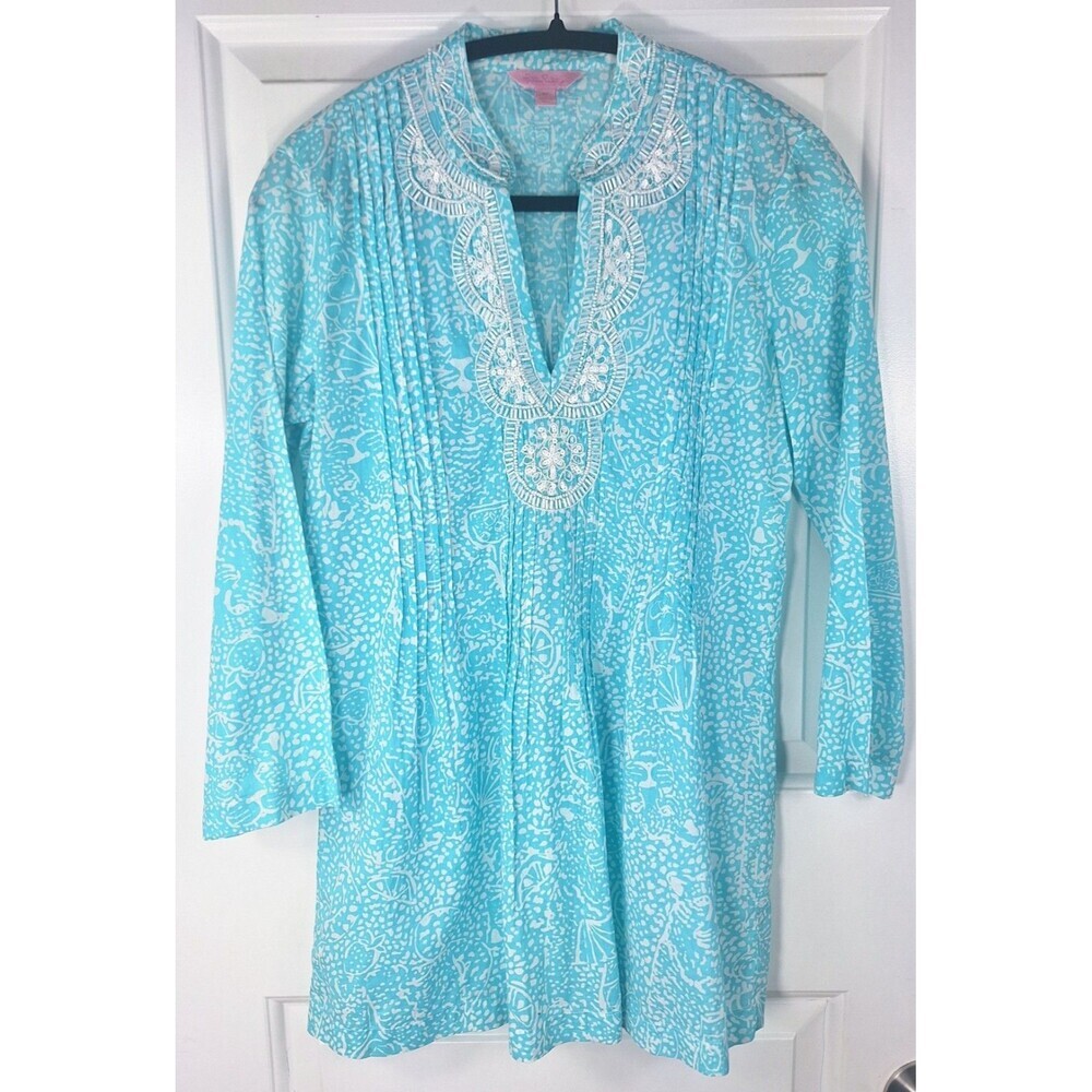 Lilly Pulitzer Womens XS Turquoise White Citrus Print Beaded Cotton Tunic‎ Top